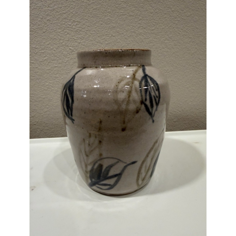 Vintage Studio Art Pottery Vase Hand Painted Leaf Blue Grey Salt Glaze Crock